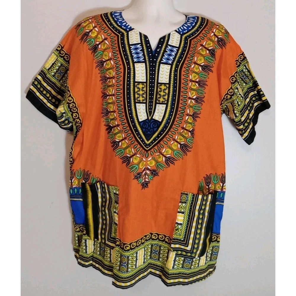 Tribal‎ Dashiki Men Shortsleeve Orange Multicolor Pattern Pocket Shirt Size Xl
